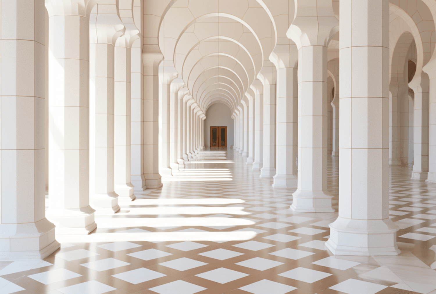 Galerie d'arches blanches baignée de lumière naturelle, un lieu calme pour réviser